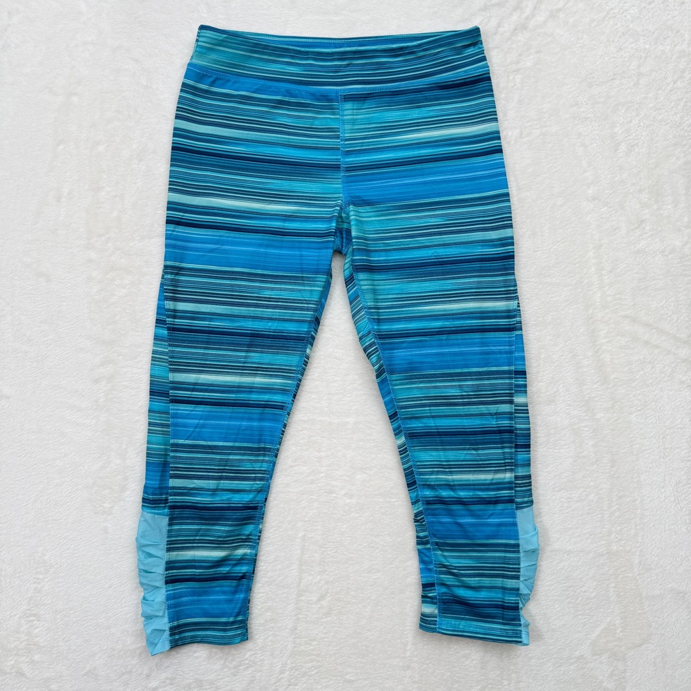 Champion‎ Leggings Girls XL Blue Striped Duo Dry Cropped Ruched Mesh Activewear